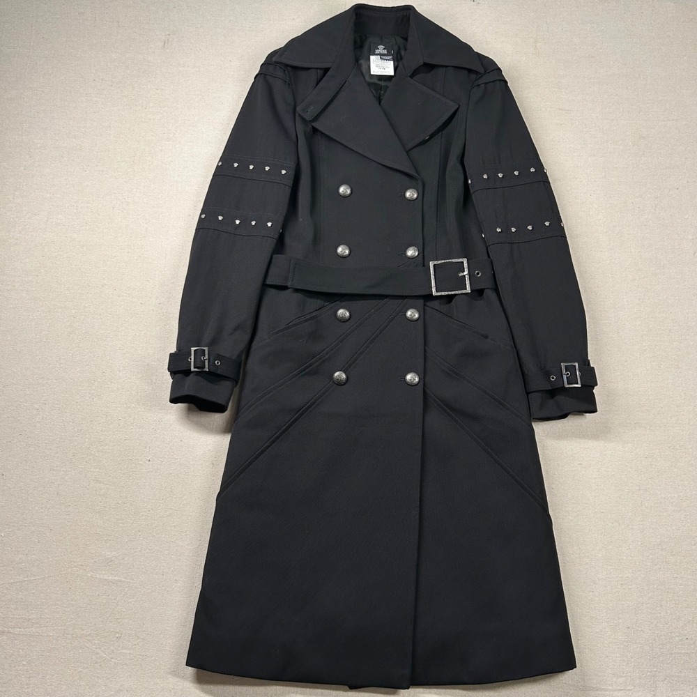 Vintage Versace Jeans Couture Coat Women XS‎ Wool Goth Punk Studs Belt Italy Y2K